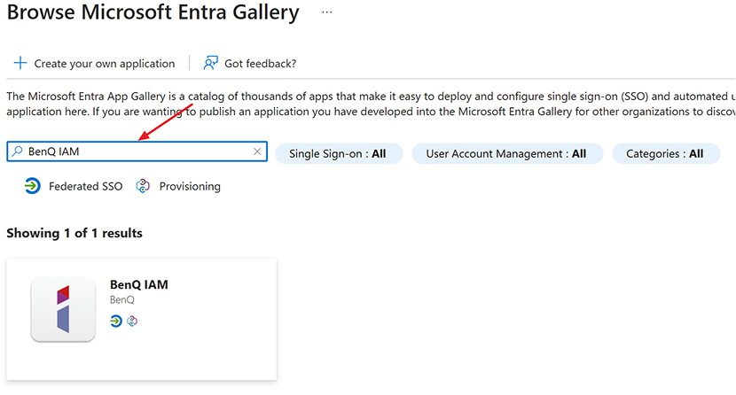 In the Microsoft Entra Gallery section, type BenQ IAM in the search box