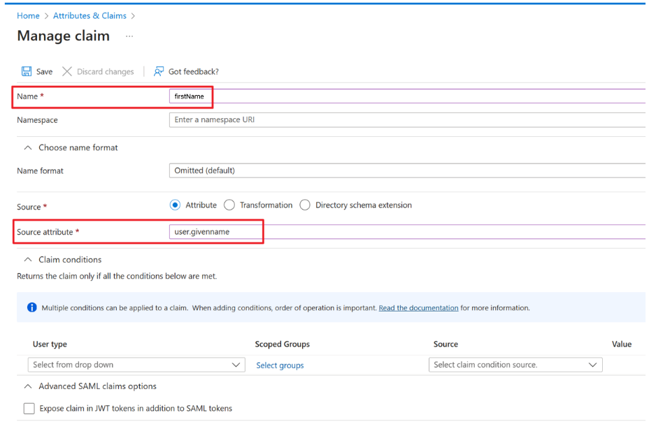 Fill up firstName in Name field and define the source attribute as user.givenname