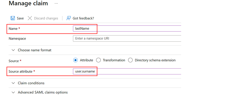 Fill up lastName in Name field and define the source attribute as user.surname