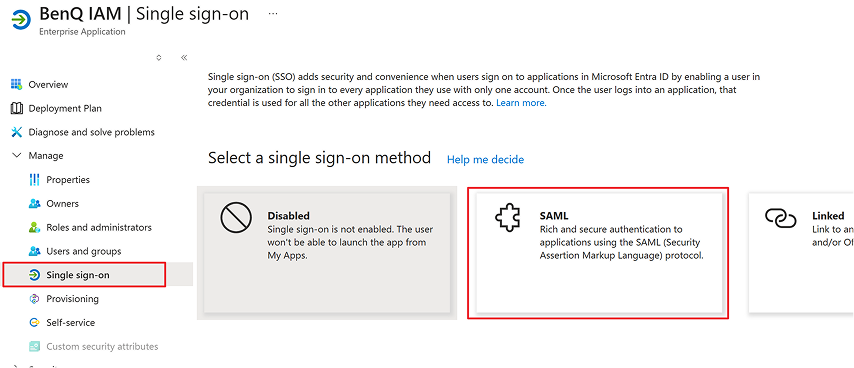 Select SAML as Single sign-on method