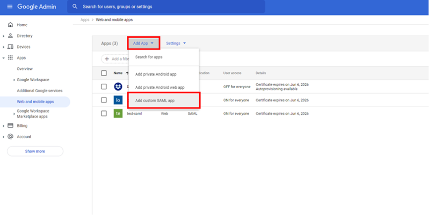 Select Add App > Add custom SAML app