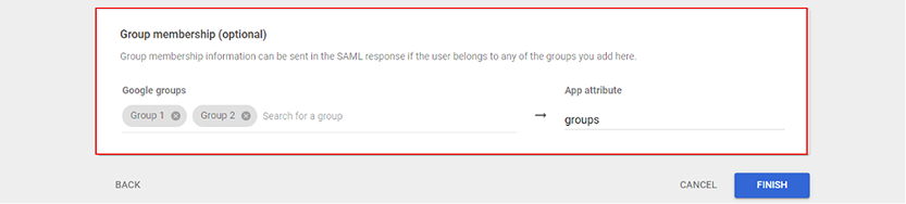 Group membership section in Google Admin console mapping selected Google groups to the App attribute groups