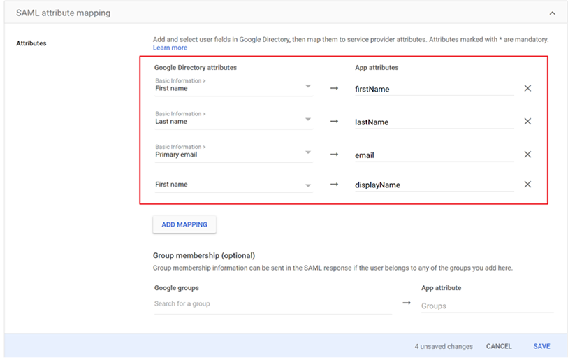 SAML attribute mapping page in Google Admin console showing Google Directory attributes mapped to App attributes for First name, Last name, Primary email and displayName