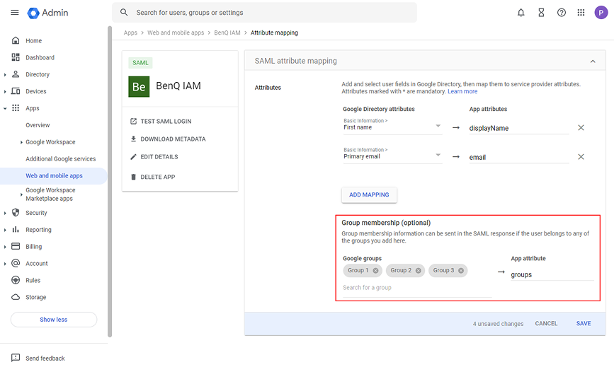 If the new groups needs to be propagated to BenQ IAM, please go to SAML attribute mapping section and add the Google groups in Google membership.