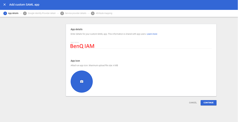Type BenQ IAM in the App name text box, then click CONTINUE