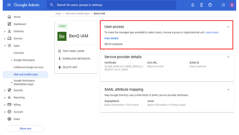 Now, the SSO integration with Google Workspace has been set successfully. Please make sure the users under your directory have permission to login BenQ IAM by checking User access section in Google Workspace. You can permit access permissions by organizational units, groups or individuals. Then, it can make sure that only the authorized users can login to BenQ boards and services.