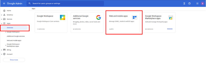 Under Apps > Overview > select Web and mobile apps section