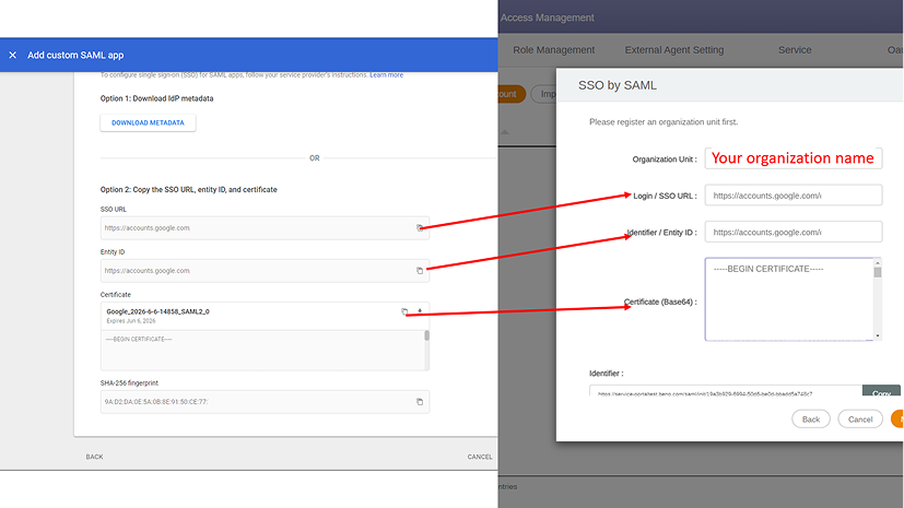 Copy the Certificate in Google Workspace and paste it to the Certificate (Base64) text box in BenQ IAM