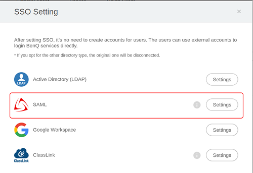 Select SAML as SSO Setting