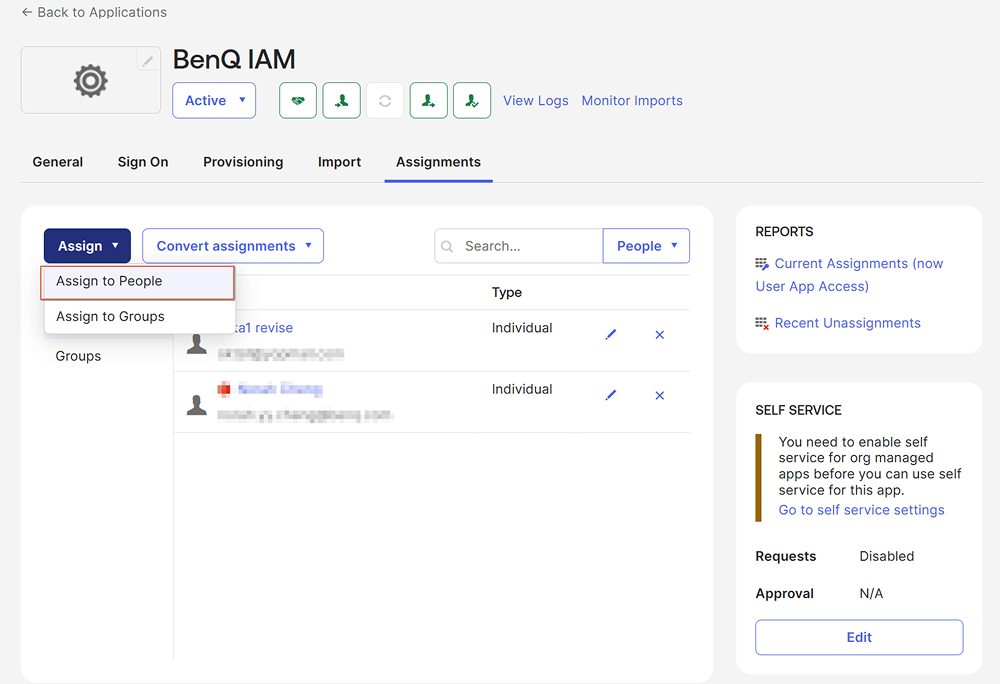 After setup, remember to assign the application to the users you wish to sync with BenQ IAM. Navigate to Assignments > Assign > Assign to People/Group and select the desired members.
