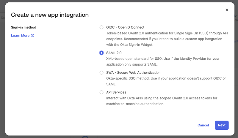 Click on Create App Integration. And choose SAML 2.0 as Sign-in method.