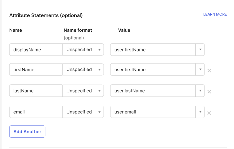 On the Attribute Statements, map the attribute as following then finish the settings.
