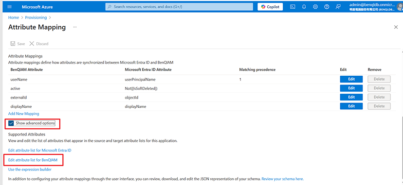 Scroll down the page to find Show advanced options check box and tick it, advanced options will appear. Click on Edit attribute list for BenQIAM