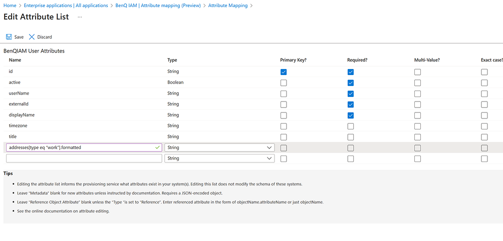 Add name.givenName, name.familyName, title, addresses[type eq