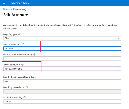 Select source attribute as surname , and name.familyName as target attribute