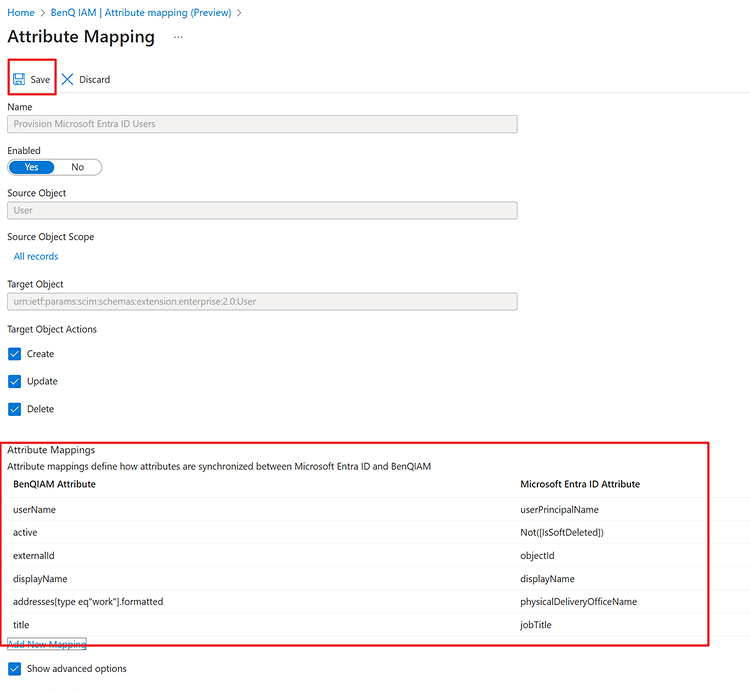 Check the attribute mapping table again and click ”Save” to complete the mappings.