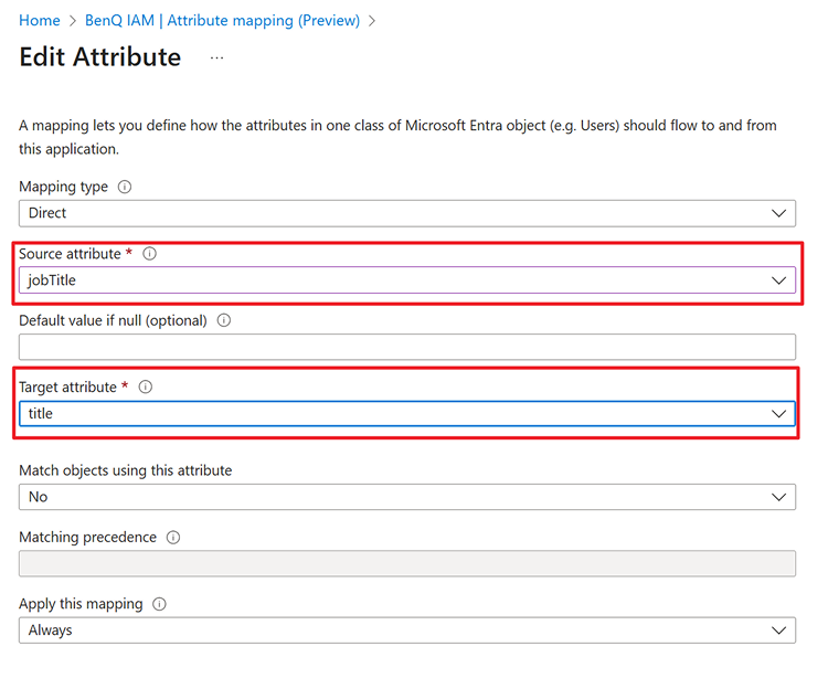 Select source attribute as jobtitle, and title as target attribute